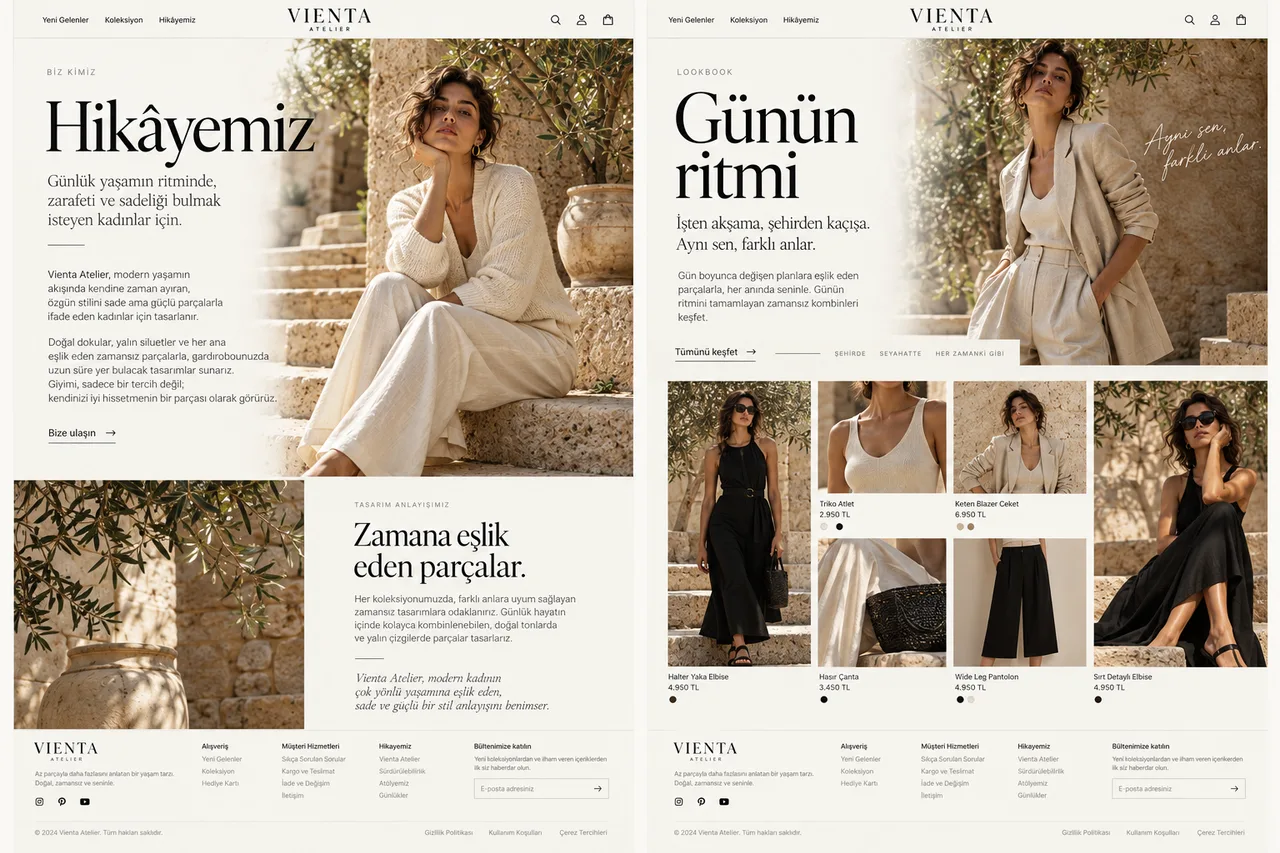 Atelier hikâye ve lookbook sayfası tasarımları: marka hikâyesi metni ve editoryal fotoğraf düzenleri.