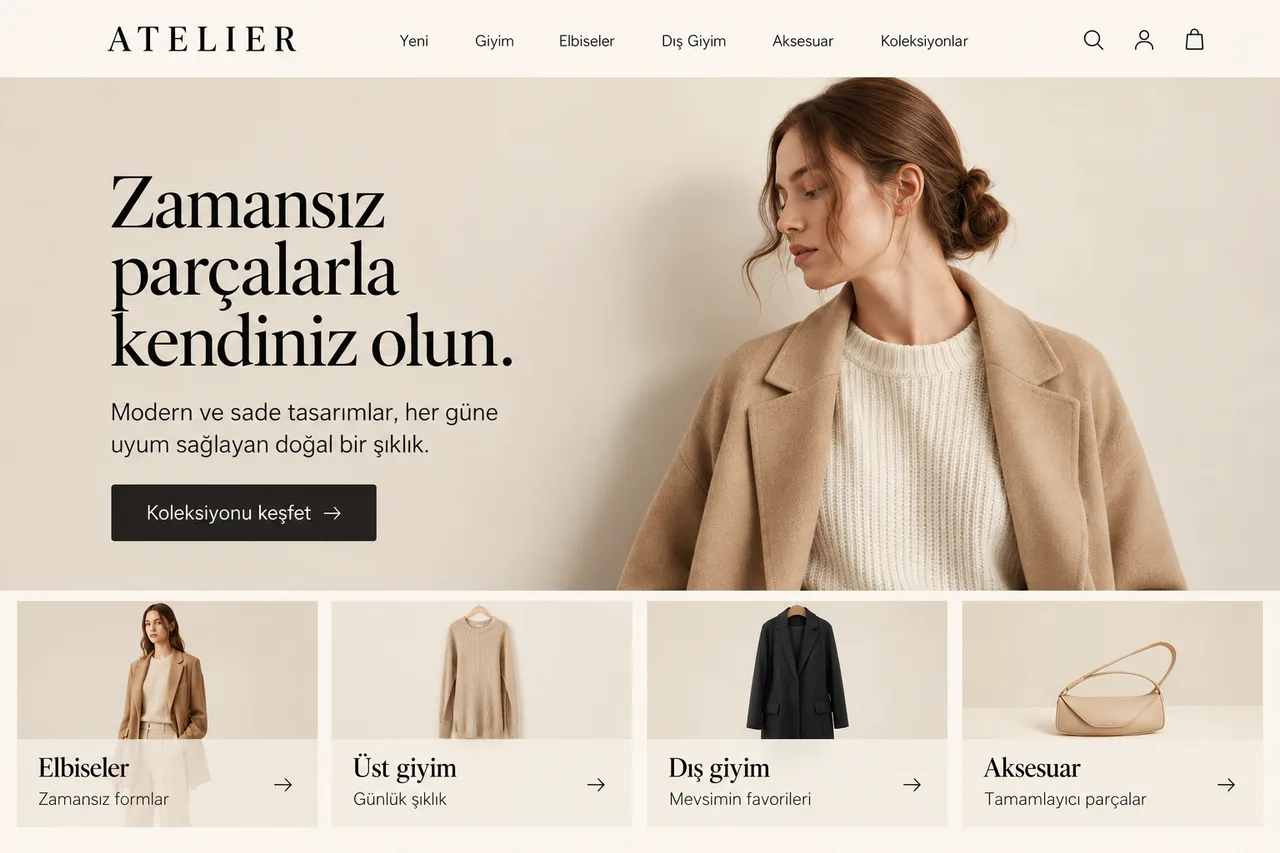Atelier teması masaüstü vitrin tasarımı: taş renkli zeminde bej ceket ve krem triko giyen kadın, serif başlık, siyah düğme ve altında elbise, üst giyim, dış giyim, aksesuar kategori kartları.