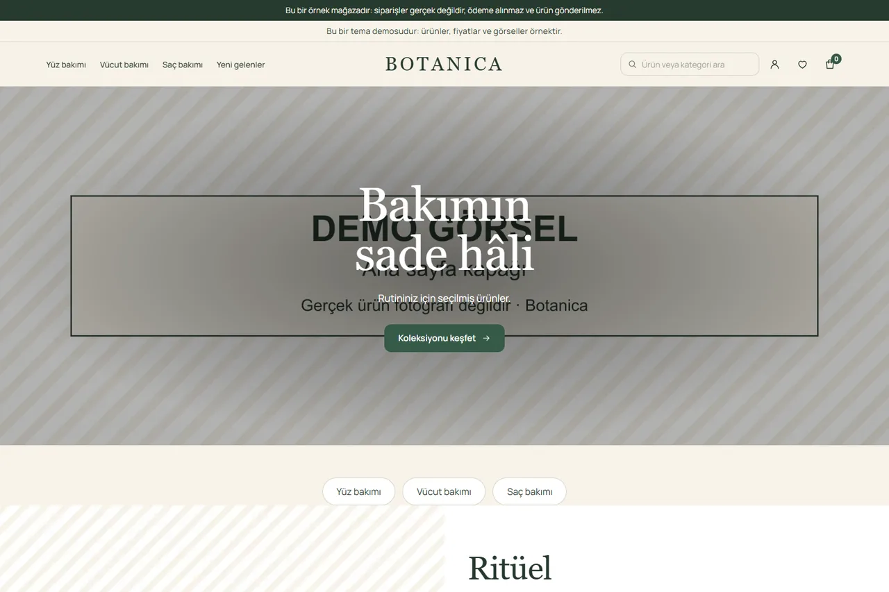 Botanica temasıyla çalışan kozmetik ve bakım demo mağazasının ana sayfası (ekran görüntüsü). Ürün ve kapak görselleri “Demo görsel” yazan yer tutuculardır; ürünler ve fiyatlar örnektir.