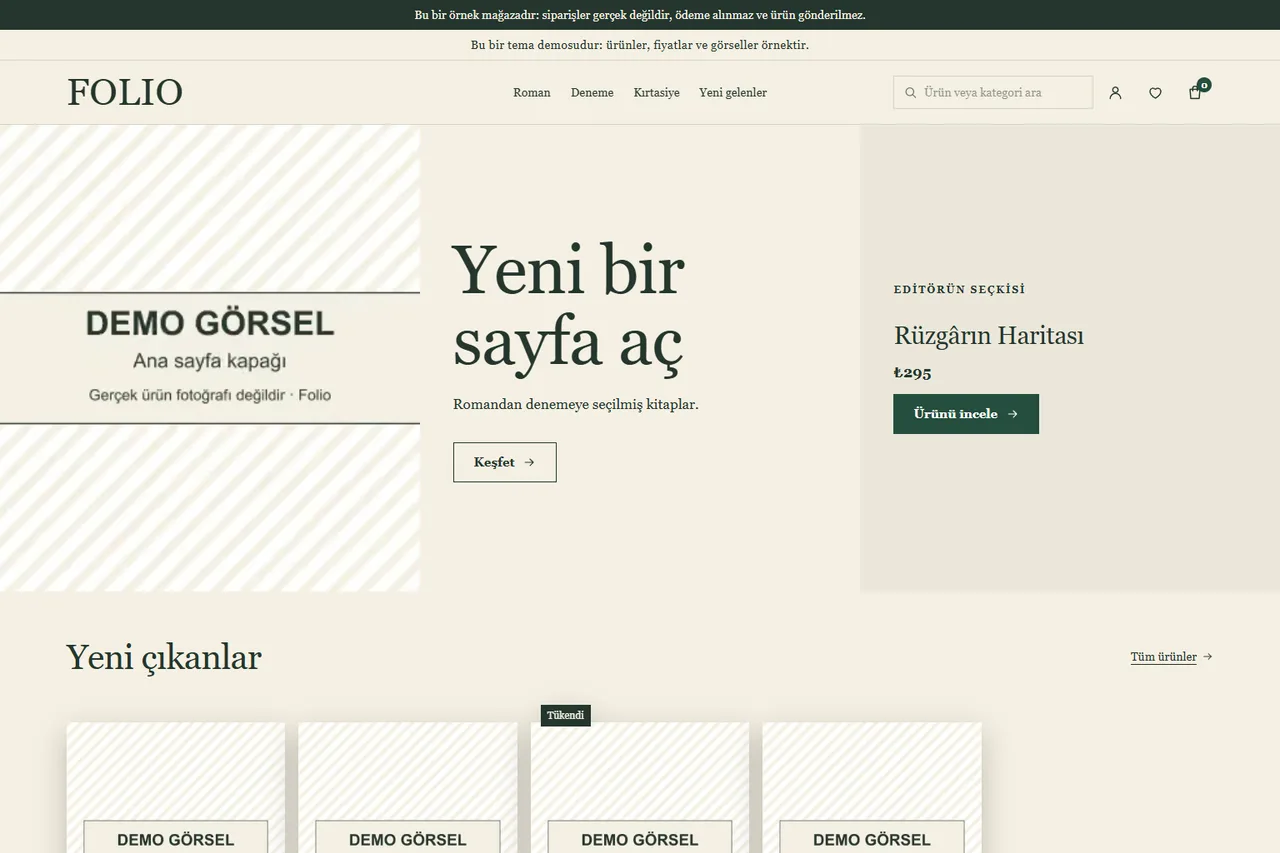 Folio temasıyla çalışan kitapçı demo mağazasının ana sayfası (ekran görüntüsü). Ürün ve kapak görselleri “Demo görsel” yazan yer tutuculardır; ürünler ve fiyatlar örnektir.