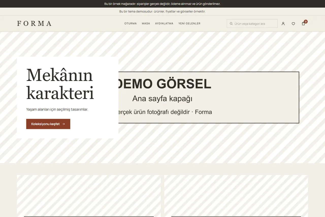 Forma temasıyla çalışan mobilya demo mağazasının ana sayfası (ekran görüntüsü). Ürün ve kapak görselleri “Demo görsel” yazan yer tutuculardır; ürünler ve fiyatlar örnektir.