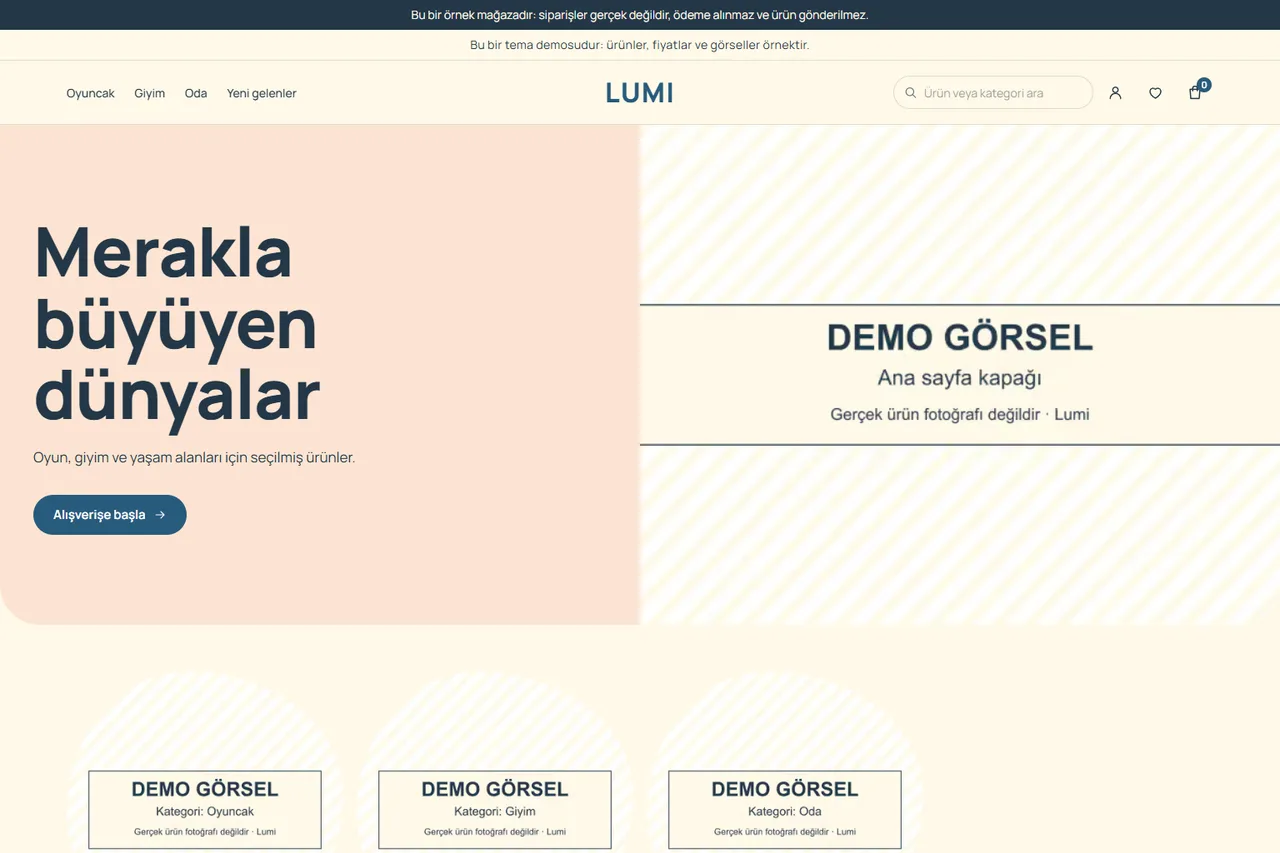 Home page of the children's demo store running the Lumi theme (screenshot). Product and cover images are placeholders that say “Demo görsel”; products and prices are examples.