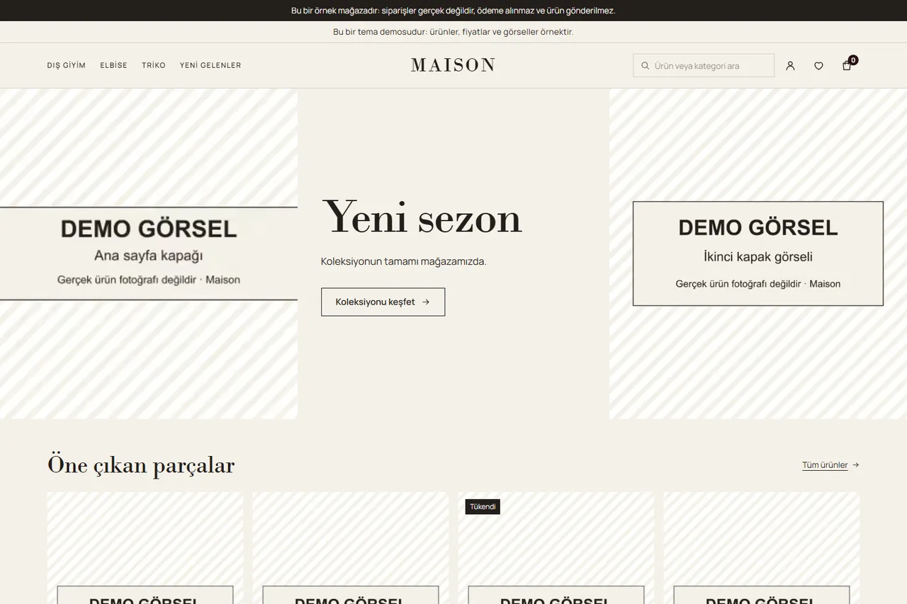 Maison temasıyla çalışan moda demo mağazasının ana sayfası (ekran görüntüsü). Ürün ve kapak görselleri “Demo görsel” yazan yer tutuculardır; ürünler ve fiyatlar örnektir.