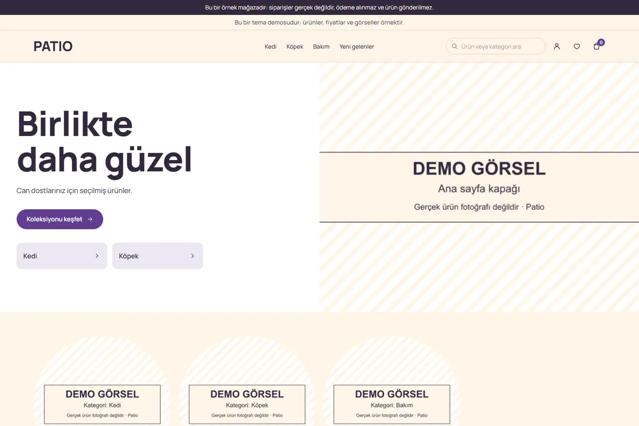 Home page of the pet demo store running the Patio theme (screenshot). Product and cover images are placeholders that say “Demo görsel”; products and prices are examples.