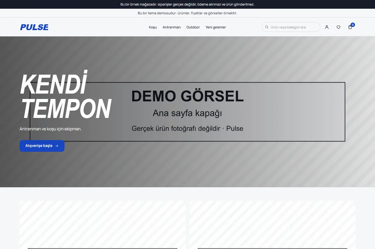 Pulse temasıyla çalışan spor demo mağazasının ana sayfası (ekran görüntüsü). Ürün ve kapak görselleri “Demo görsel” yazan yer tutuculardır; ürünler ve fiyatlar örnektir.