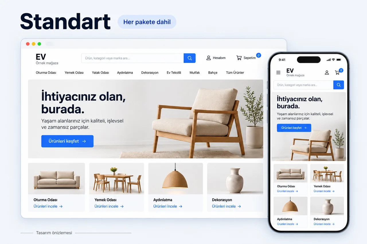 Standart tema kapak görseli: “Her pakete dahil” etiketi, beyaz ve mavi bir örnek ev mağazası masaüstü ve telefon görünümünde; krem kumaşlı ahşap koltuk, oturma odası, yemek odası, aydınlatma ve dekorasyon kategorileri. Tasarım önizlemesidir.