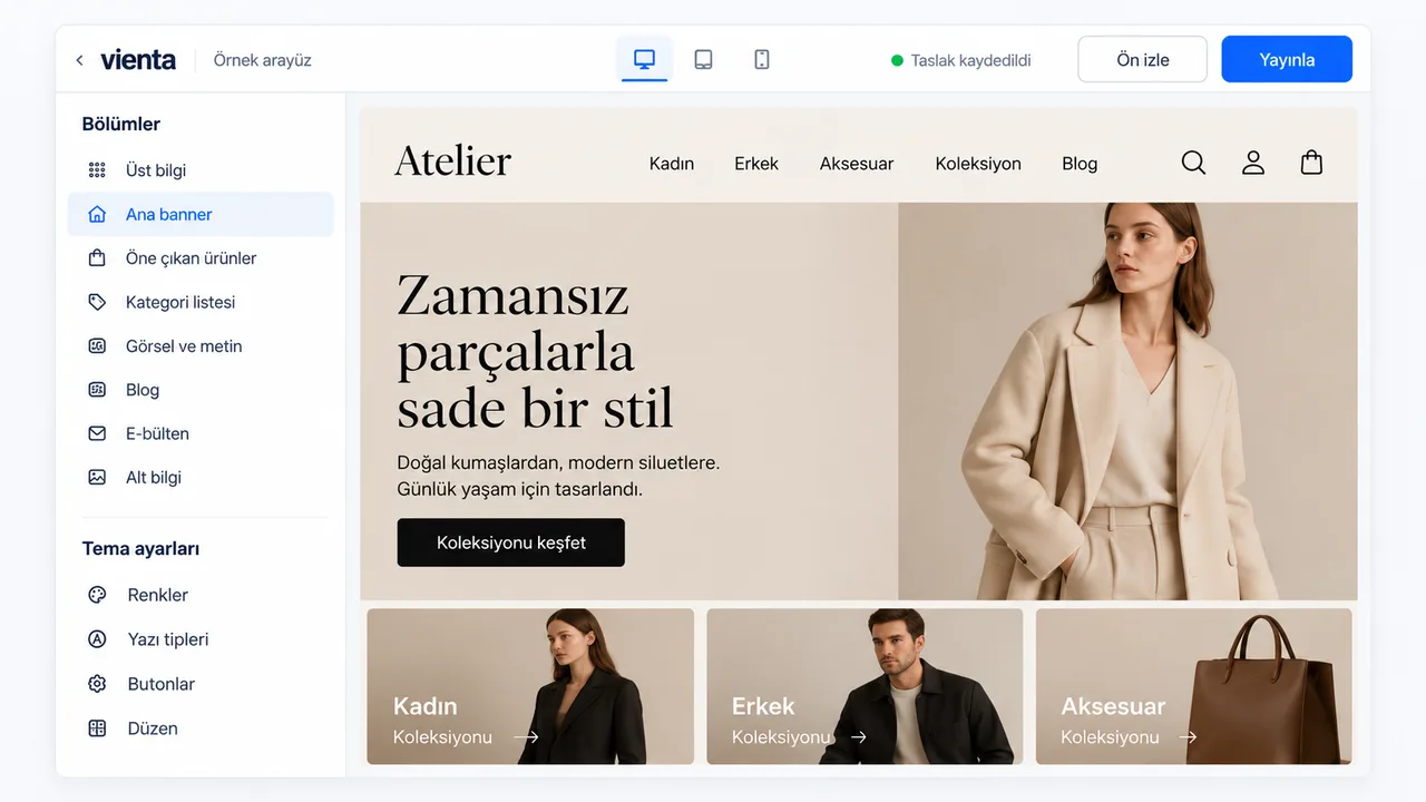 Örnek tema düzenleyici arayüzü: solda bölüm listesi ve tema ayarları, sağda bej tonlarda Atelier vitrin önizlemesi; üstte cihaz seçimi, Ön izle ve Yayınla düğmeleri.