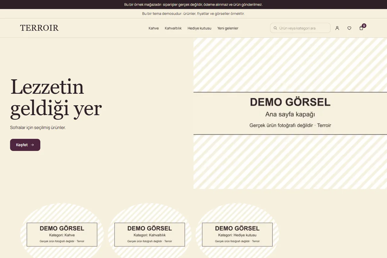 Home page of the gourmet food demo store running the Terroir theme (screenshot). Product and cover images are placeholders that say “Demo görsel”; products and prices are examples.