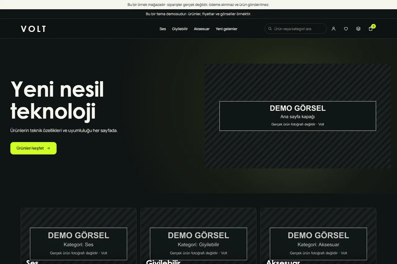 Home page of the technology demo store running the Volt theme (screenshot). Product and cover images are placeholders that say “Demo görsel”; products and prices are examples.