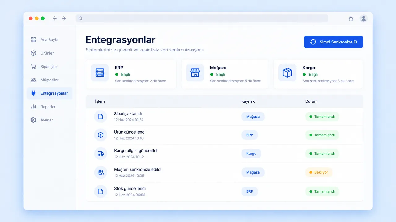 Konsept entegrasyon paneli: ERP, mağaza ve kargo bağlantılarının durumu ve son senkronizasyon işlemleri.