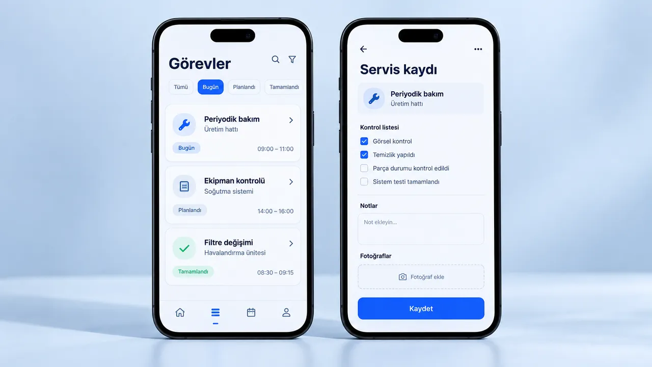 Konsept saha servis uygulaması: iki telefonda görev listesi ve kontrol listeli servis kaydı ekranları.