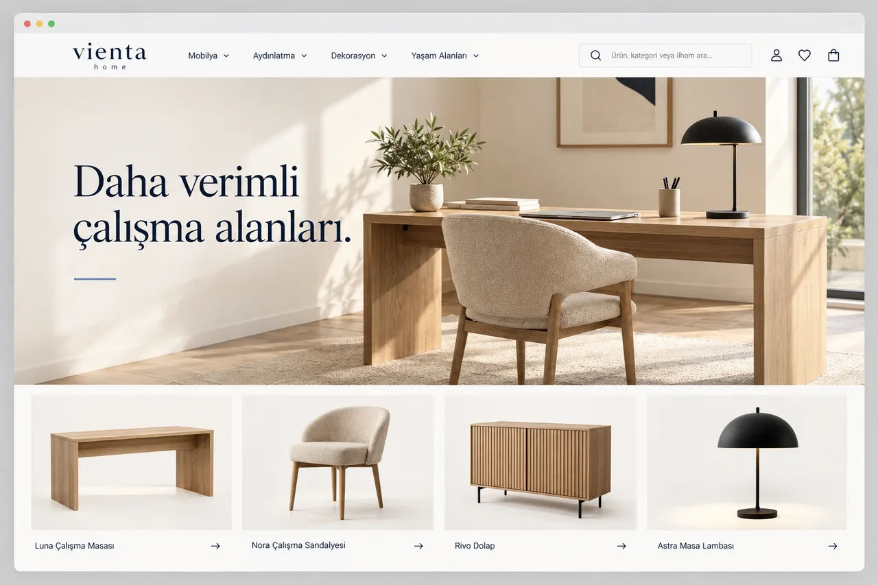 Konsept e-ticaret arayüzü: mobilya mağazasının ana sayfası ve öne çıkan ürünler.