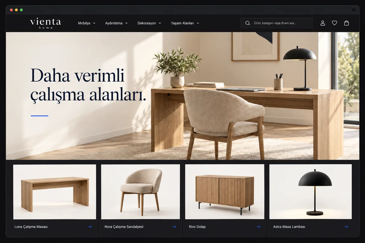 Konsept e-ticaret arayüzü: mobilya mağazasının ana sayfası ve öne çıkan ürünler.